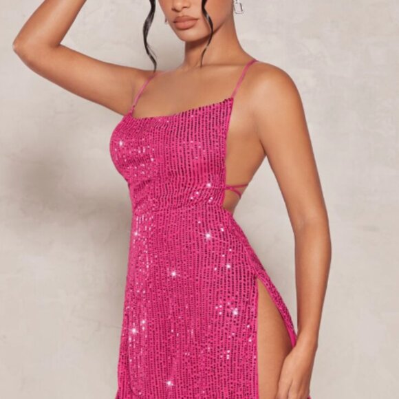 Women’s Hot Pink Sequin Split Thigh Crisscross Tie Backless Cami Dress Size 8/10 - Picture 4 of 4
